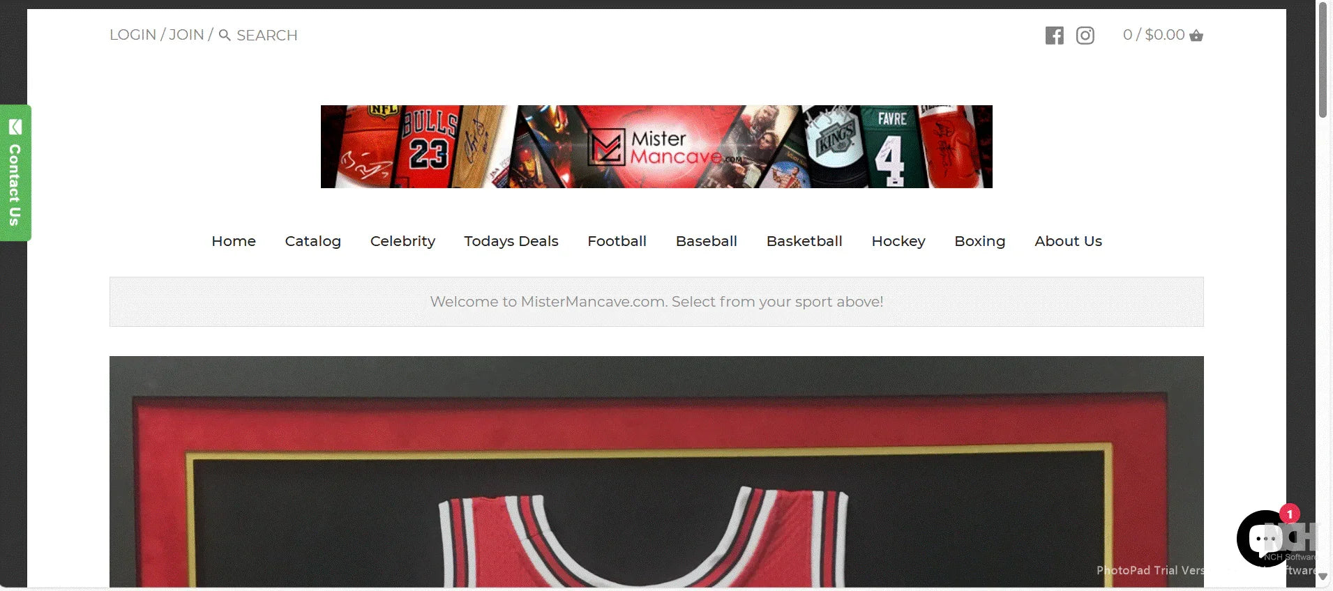 Framed red and black Chicago Bulls basketball jersey on a store website with sports memorabilia