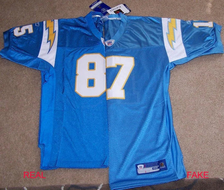 Side-by-side comparison of real vs. fake NFL Chargers jersey with visible differences on carpet