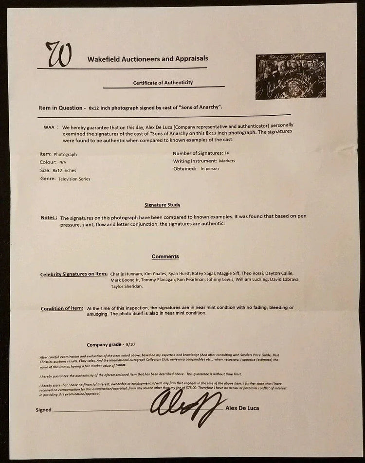 Certificate of authenticity for Sons of Anarchy signed photo from Wakefield Auctioneers and Appraisals.