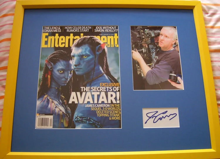 Framed Avatar memorabilia with Entertainment Weekly cover, director photo, and autograph, collectible display