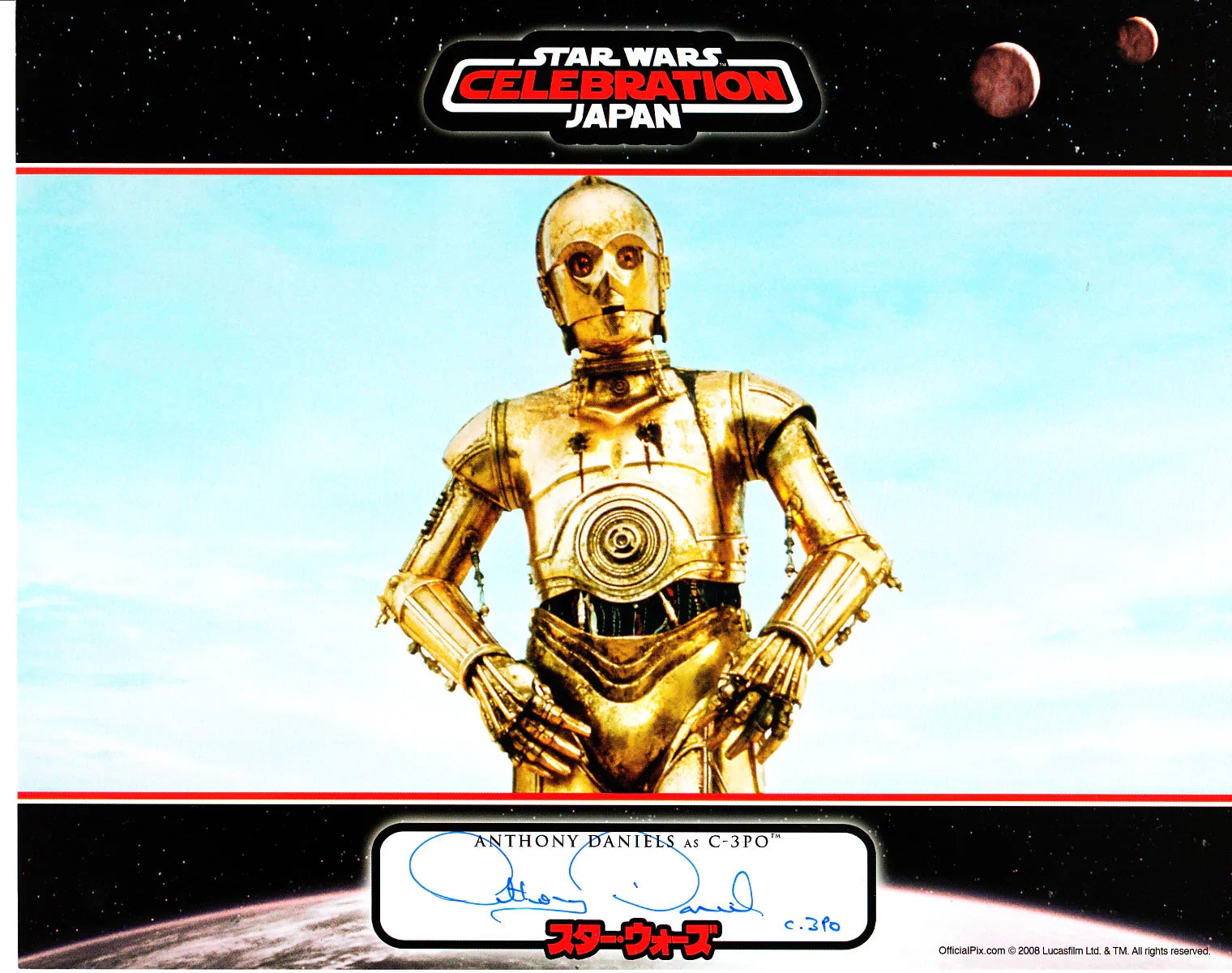 Star Wars Celebration Japan card featuring C-3PO robot image and autograph by Anthony Daniels