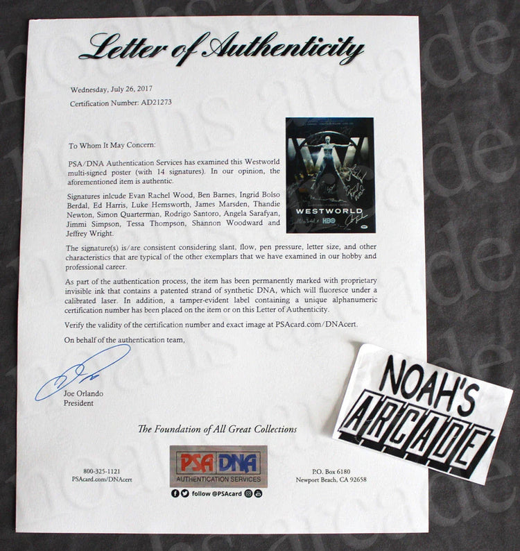 Westworld autographed poster PSA DNA letter of authenticity with Noah's Arcade card