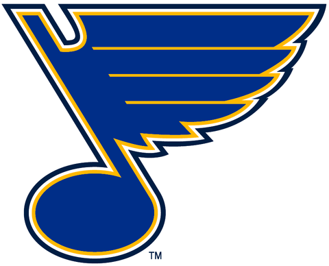 Blue and yellow stylized winged musical note hockey team logo on white background