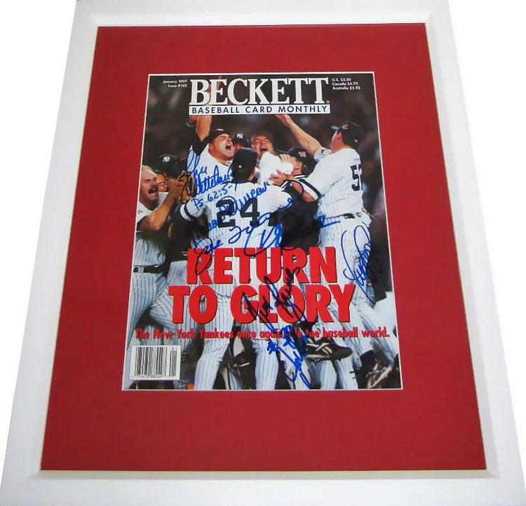 Framed Beckett magazine cover featuring 1996 Yankees celebration, signed, baseball memorabilia