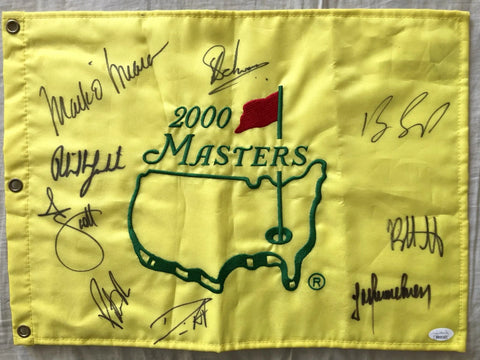 2000 Masters golf flag with embroidered logo and multiple autographs on yellow fabric