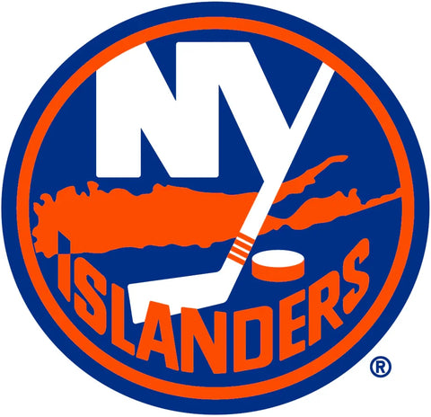 New York Islanders logo featuring hockey stick, puck, and island outline in blue and orange circle