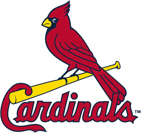 Red cardinal bird on yellow baseball bat above stylized Cardinals script logo, sports memorabilia