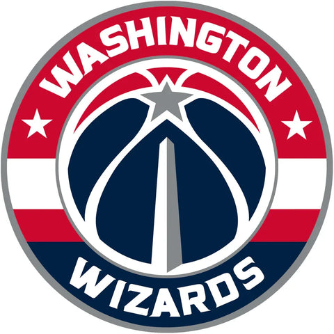 Washington Wizards NBA logo with basketball, monument, stars and red, white, blue colors.