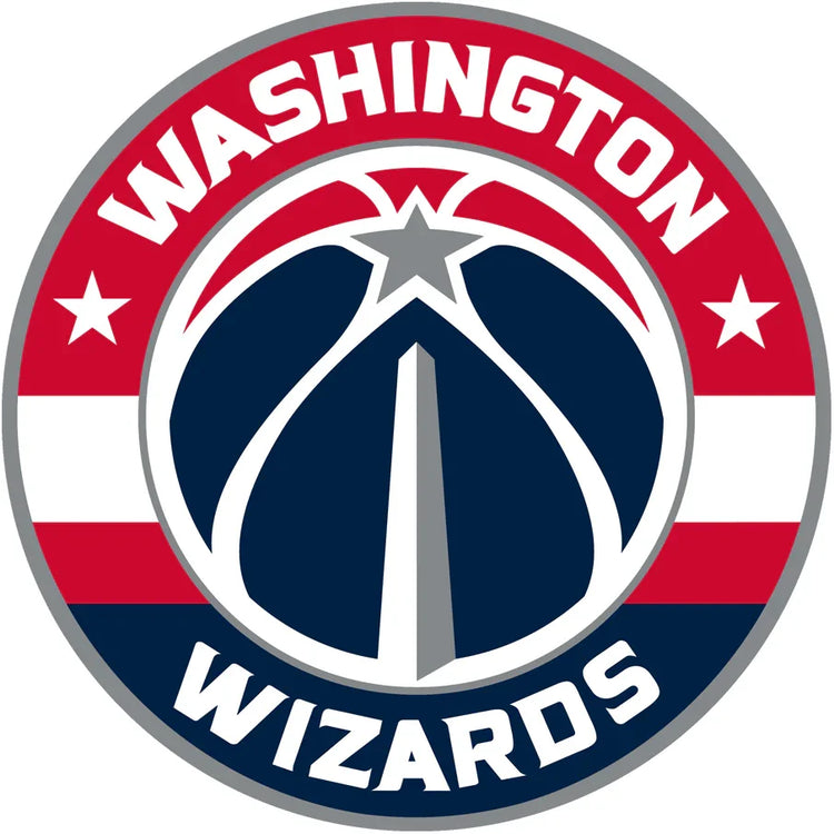 Washington Wizards NBA logo with basketball, monument, stars and red, white, blue colors.