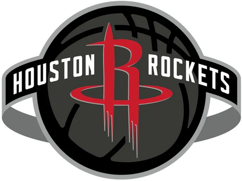 Houston Rockets logo with stylized red R and basketball background