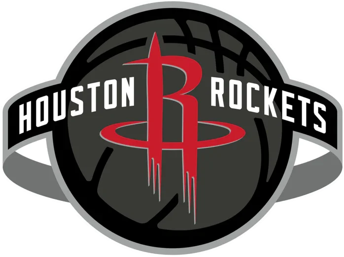 Houston Rockets logo with stylized red R and basketball background