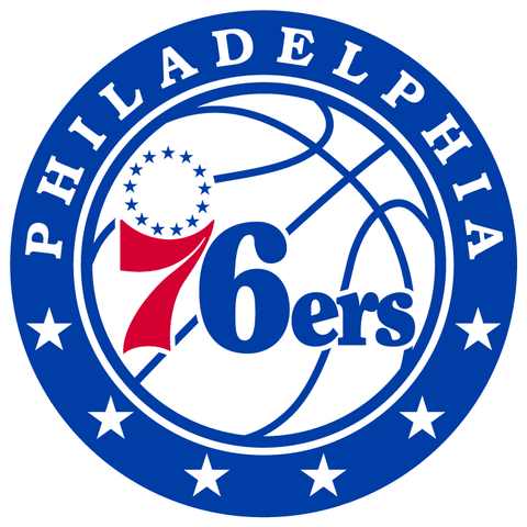 Philadelphia 76ers primary logo with basketball, stars, and team name in blue, red, and white.