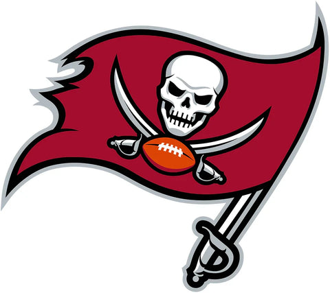 Tampa Bay Buccaneers logo with skull, crossed swords, and football on red flag