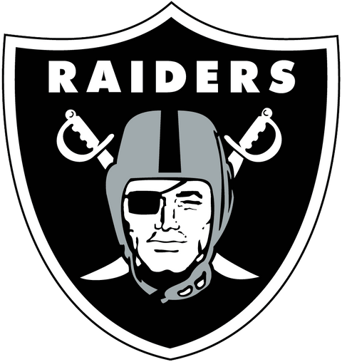 Las Vegas Raiders logo with shield, swords, and helmeted pirate head