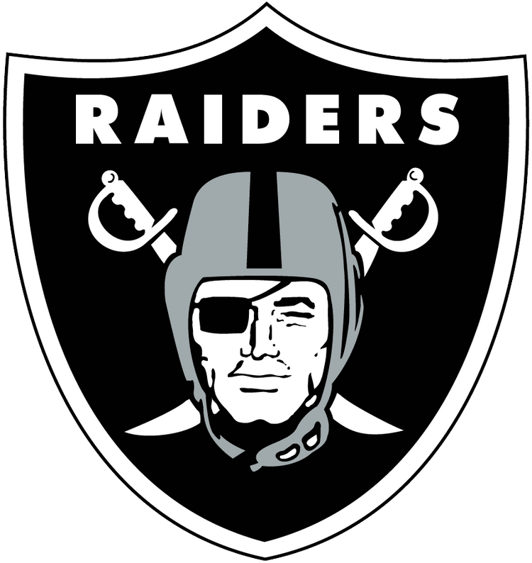 Las Vegas Raiders logo with shield, swords, and helmeted pirate head