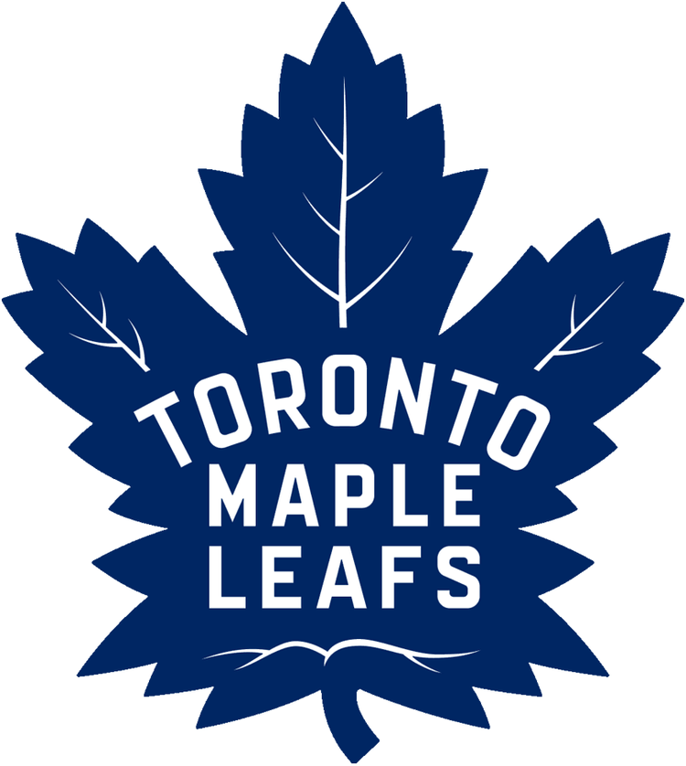 Toronto Maple Leafs blue maple leaf logo with white text, NHL hockey team emblem