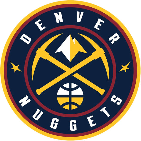 Denver Nuggets logo with crossed pickaxes, basketball, and mountain in circular badge
