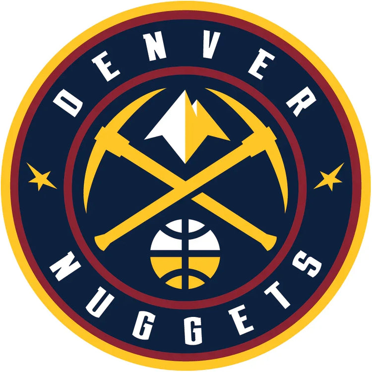 Denver Nuggets logo with crossed pickaxes, basketball, and mountain in circular badge