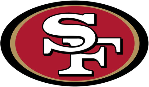 San Francisco 49ers logo with red oval background and gold, black trim