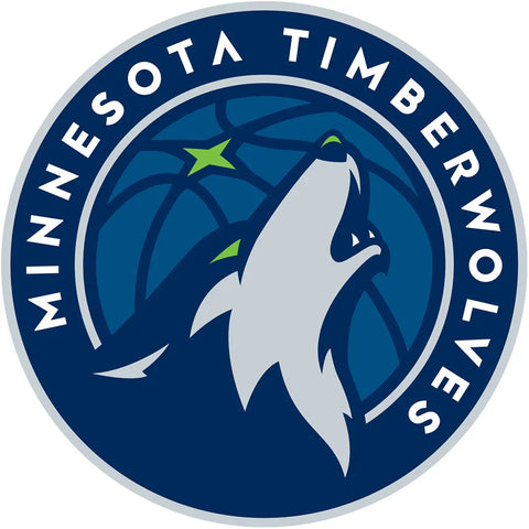 Minnesota Timberwolves logo with howling wolf and basketball background