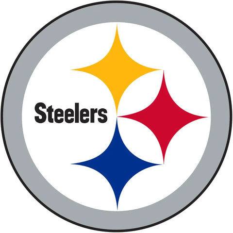 Steelers football team logo with three colored diamonds inside a grey circle