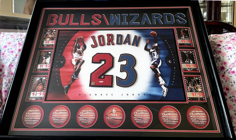 Framed Michael Jordan Bulls and Wizards memorabilia featuring jersey number 23 and NBA championship highlights.