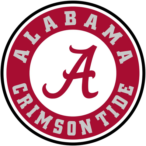 Alabama Crimson Tide circular logo with red background and white scripted A