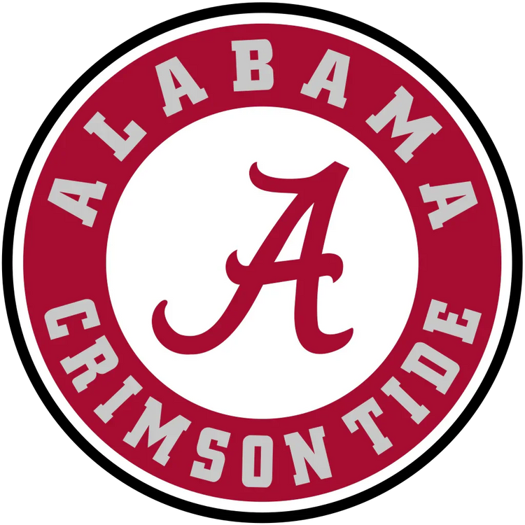Alabama Crimson Tide circular logo with red background and white scripted A