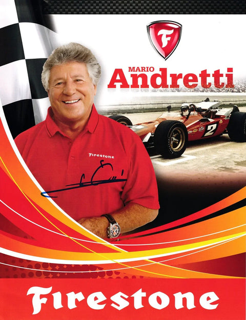 Signed Mario Andretti photo with classic Firestone race car and racing-themed background