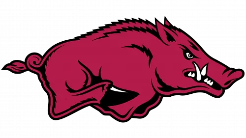 Arkansas Razorbacks logo featuring a red wild boar on a black background, NCAA sports mascot.