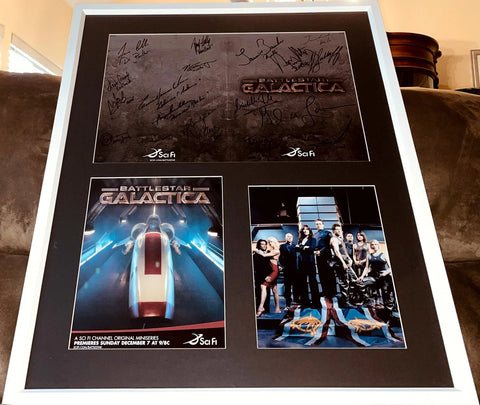 Framed Battlestar Galactica collage with cast autographs, Sci Fi Channel poster, and show photo
