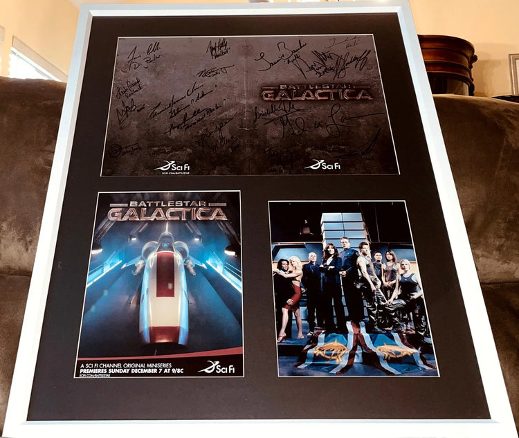 Framed Battlestar Galactica collage with cast autographs, Sci Fi Channel poster, and show photo