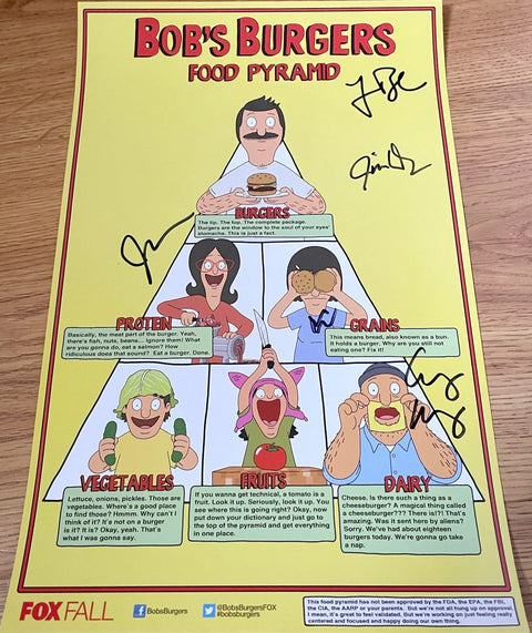 Bob's Burgers food pyramid poster featuring cartoon characters holding burger ingredients, signed by cast.