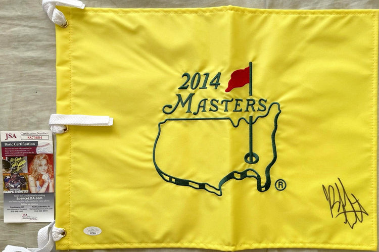 2014 Masters golf flag yellow with embroidered logo, signature, and JSA authentication card