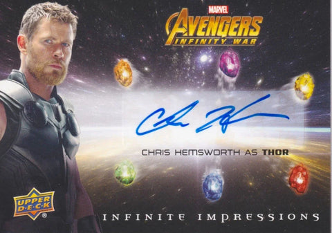 Signed Avengers Infinity War trading card featuring Chris Hemsworth as Thor with Infinity Stones.