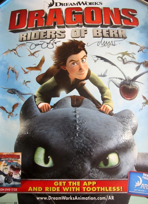 Dragons Riders of Berk poster with Hiccup riding Toothless and flying dragons in background