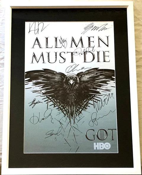 Framed Game of Thrones signed poster with raven artwork and 'All Men Must Die' text