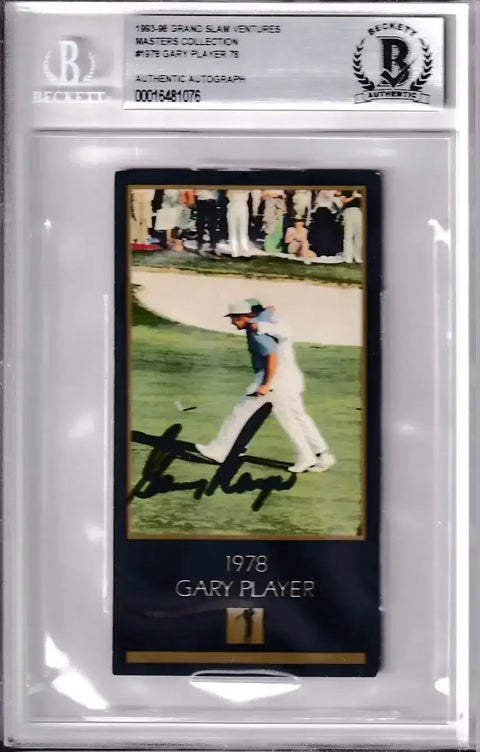 1961 Gary Player signed golf memorabilia card in Beckett slab, black and white photo