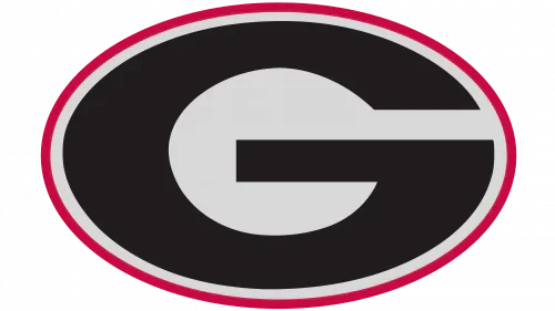 University of Georgia Bulldogs black oval logo with white letter G and red outline