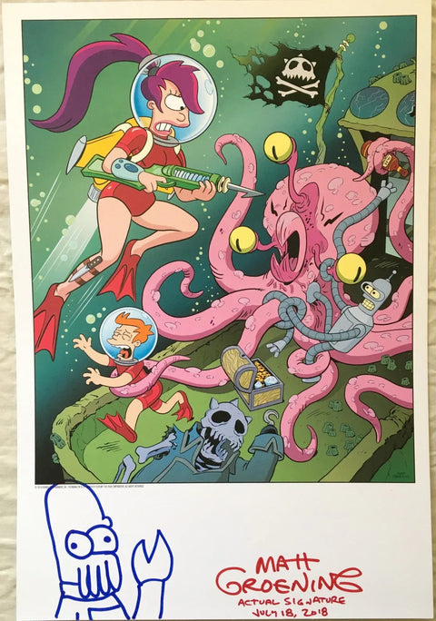 Futurama poster with Leela, Fry, and Bender fighting a pink sea monster underwater, signed by Matt Groening.