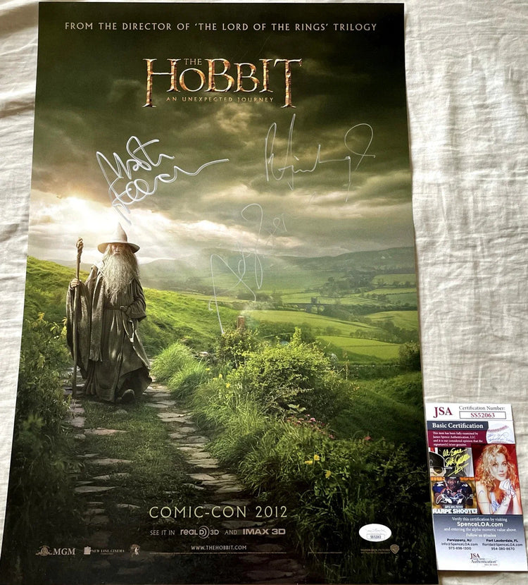 The Hobbit An Unexpected Journey signed movie poster featuring Gandalf walking in a green landscape, Comic-Con 2012 edition with certification card.