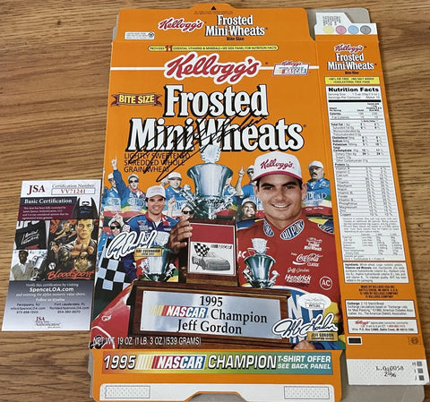 Signed Kellogg's Frosted Mini Wheats cereal box with Jeff Gordon NASCAR 1995 Champion image and JSA authentication card