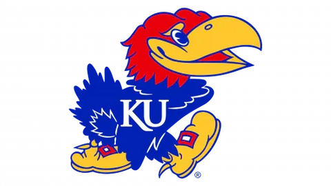 Kansas Jayhawks mascot logo with red, blue, and yellow bird, white KU letters