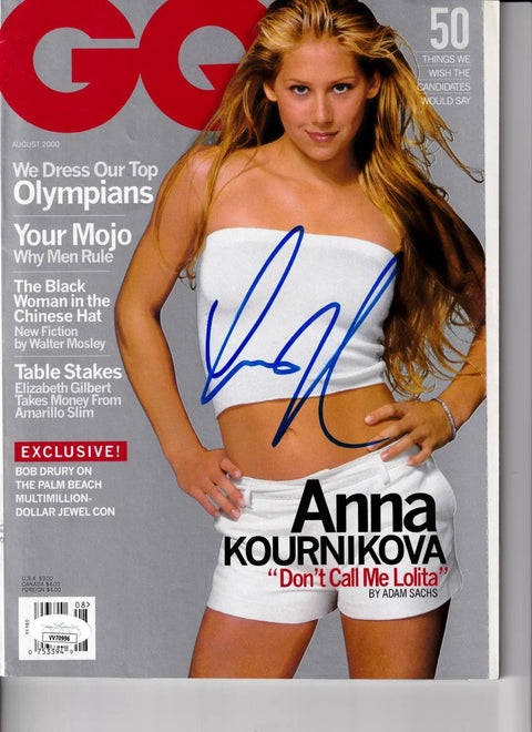 Autographed GQ magazine cover featuring Anna Kournikova in white outfit, collectible memorabilia