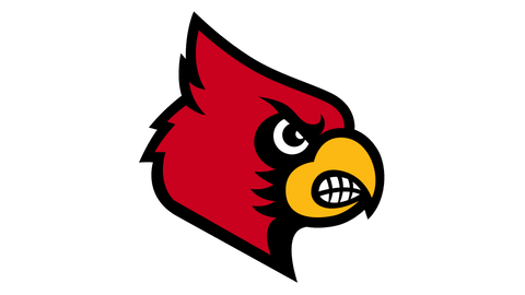 Red cardinal bird logo with yellow beak, black and white details, gritted teeth on black background
