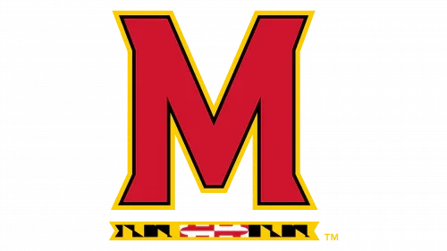 Maryland Terrapins red M logo with yellow and black outline and Maryland flag detail