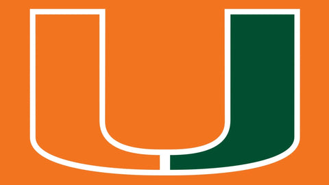 Miami Hurricanes logo with green and orange split U on orange background