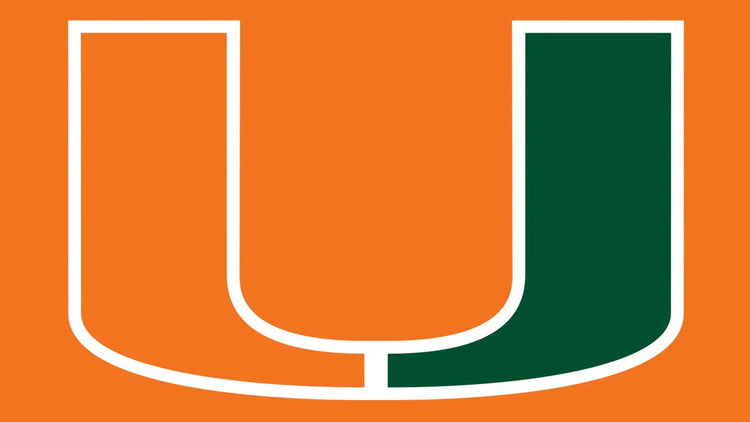 Miami Hurricanes logo with green and orange split U on orange background