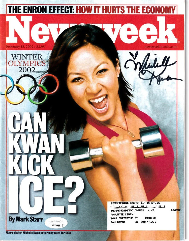 Autographed Newsweek magazine cover featuring figure skater with dumbbell, Winter Olympics 2002