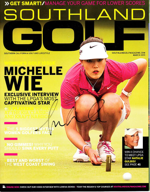 Michelle Wie crouching on a golf green, autograph on Southland Golf magazine cover, women's golf issue